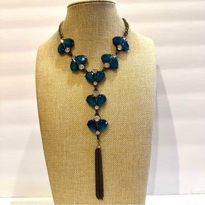 New Anthropologie Statement Necklace antique gold, faceted teal & clear crystals